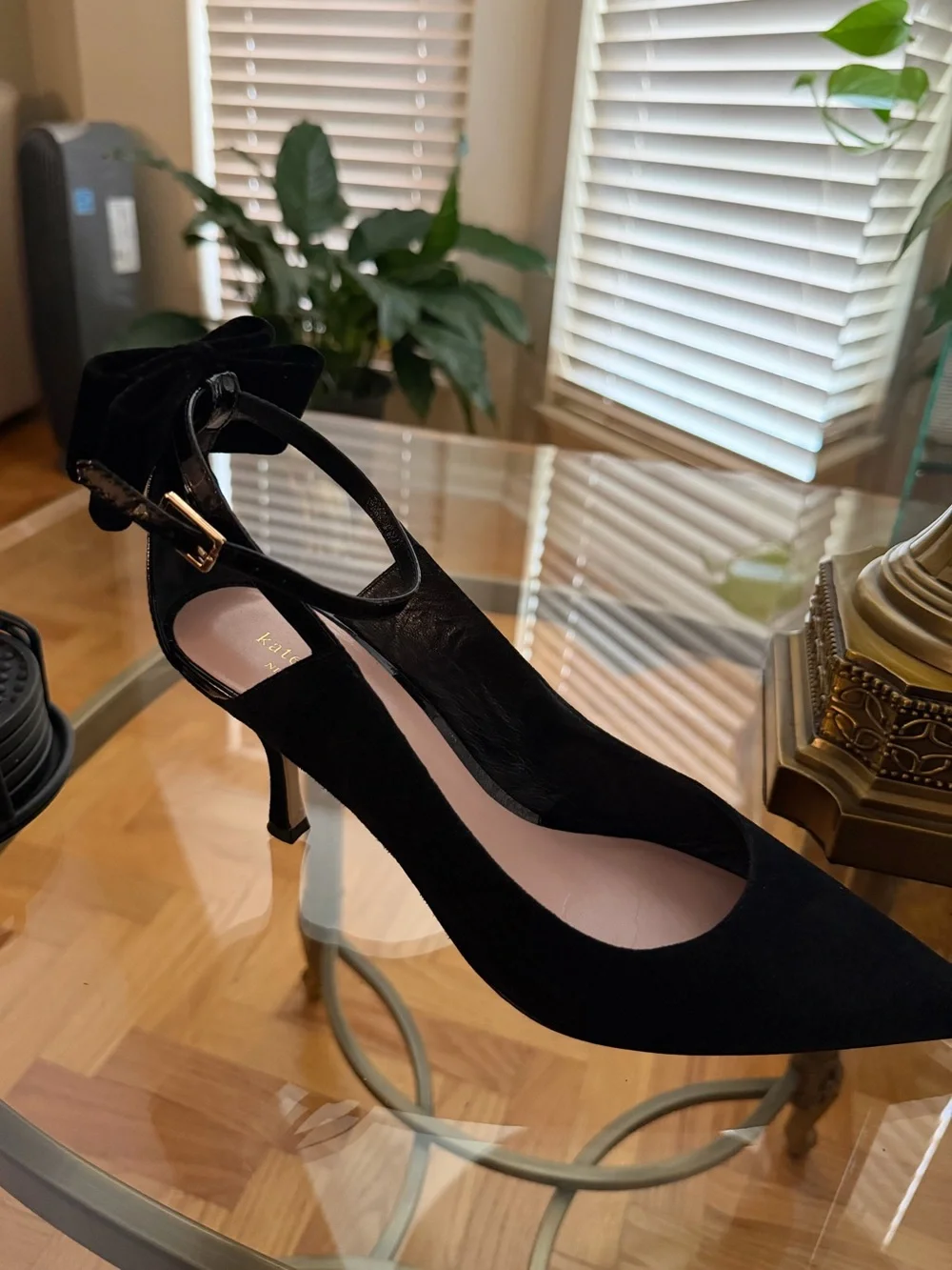 kate spade Black Suede Pointed Bow Ankle-Strap Heels